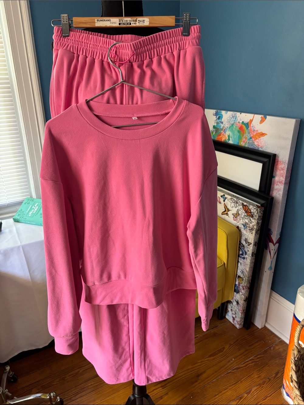 Pink Women's  sweatsuit, top and bottom, size medium, small tiny hole on sleeve